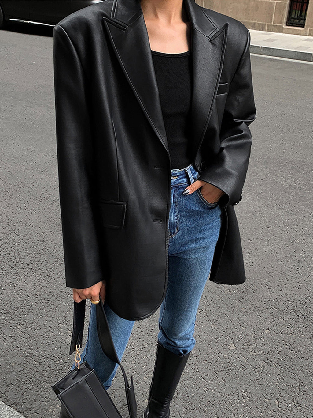 Women's Oversized Faux Leather Blazer with Lapel