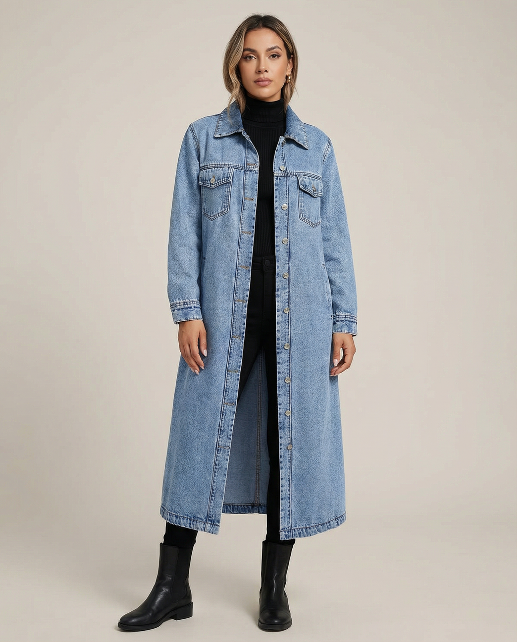 Women’s Oversized Long Denim Coat with Button-Down Front and Classic Collar