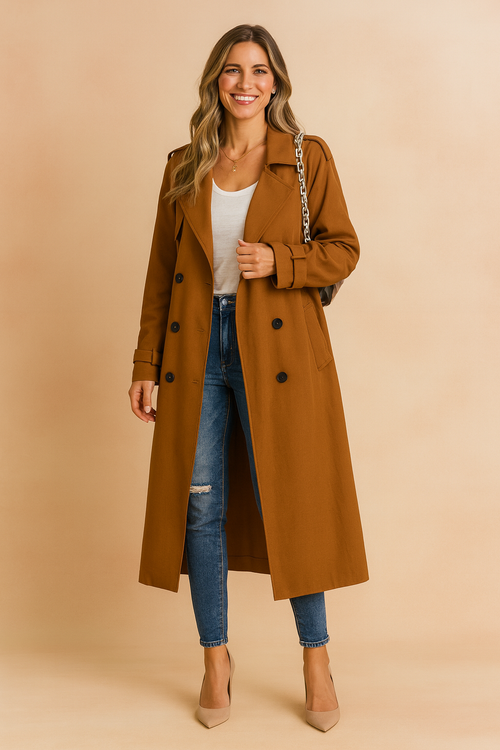 Long Double-Breasted Trench Coat with Belt for Women