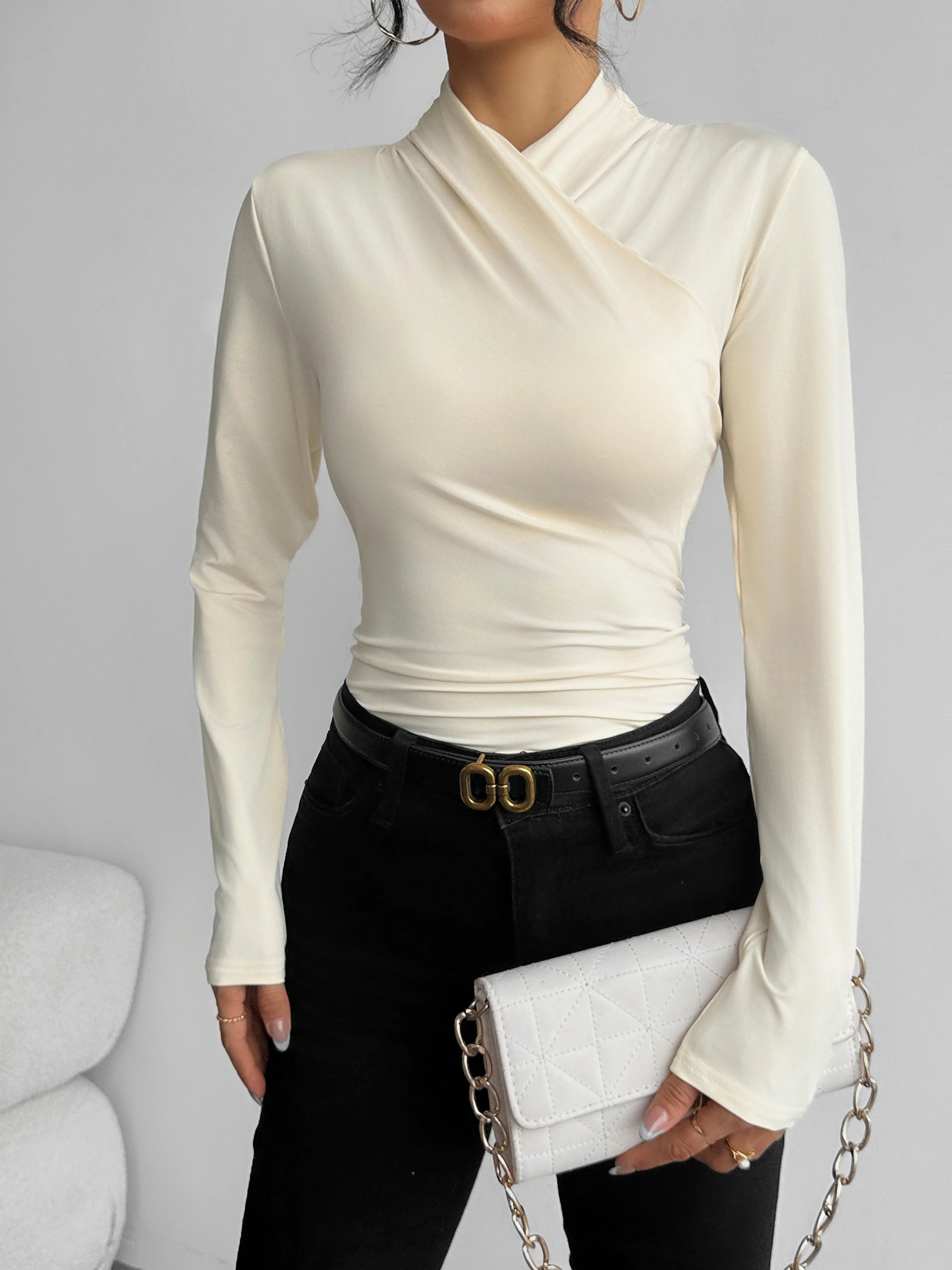Women's Draped Crossover Long Sleeve Top