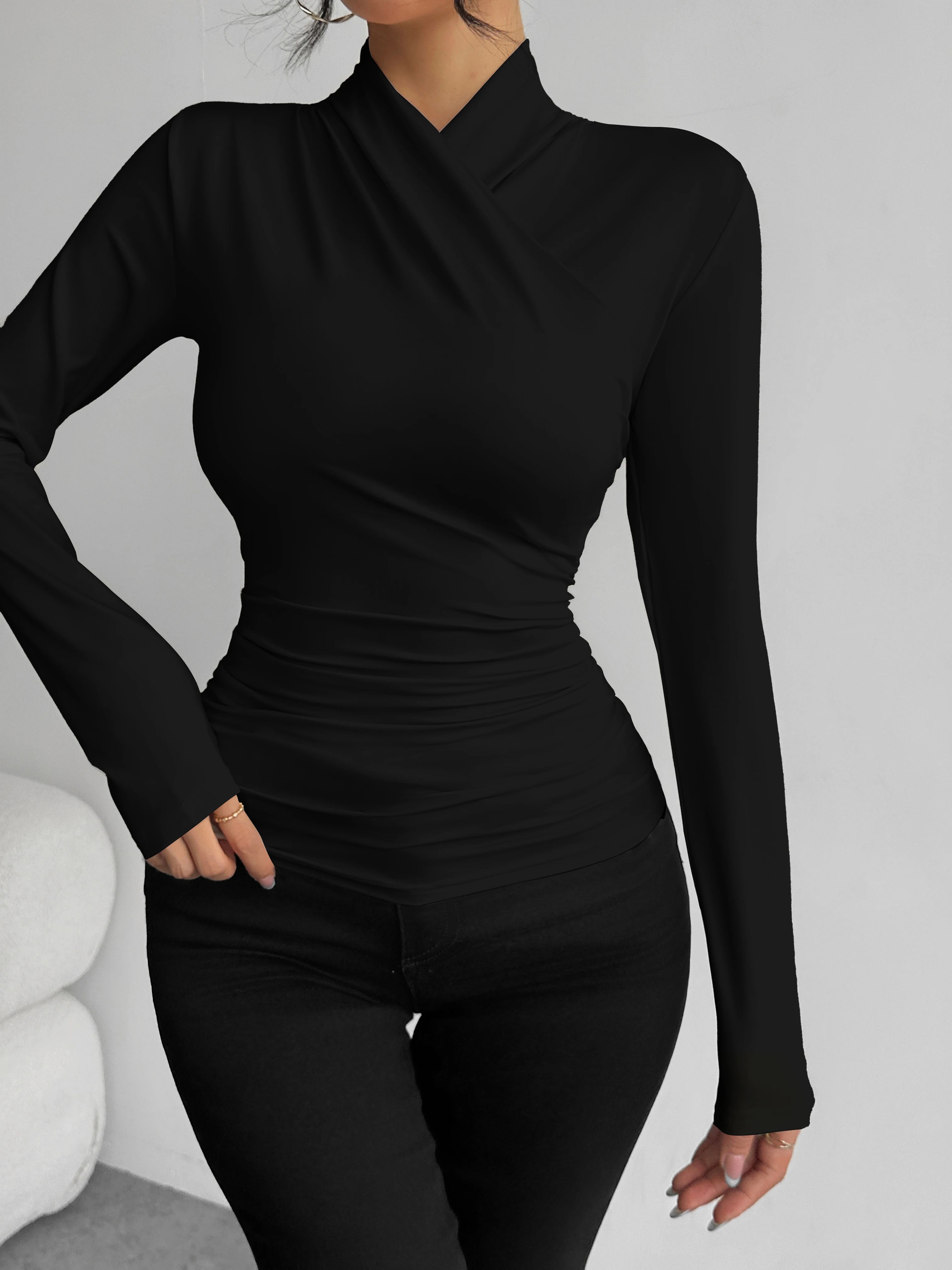 Women's Draped Crossover Long Sleeve Top