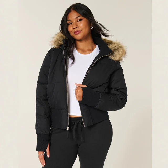 Women's Quilted Winter Jacket with Removable Hood