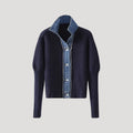 Navy Women's knit cardigan with denim trim