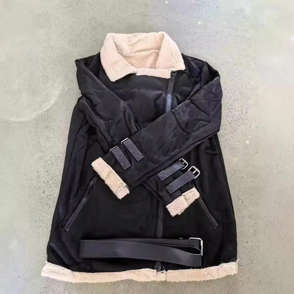 Women's Premium Faux Sheepskin Jacket With Belt And Pockets